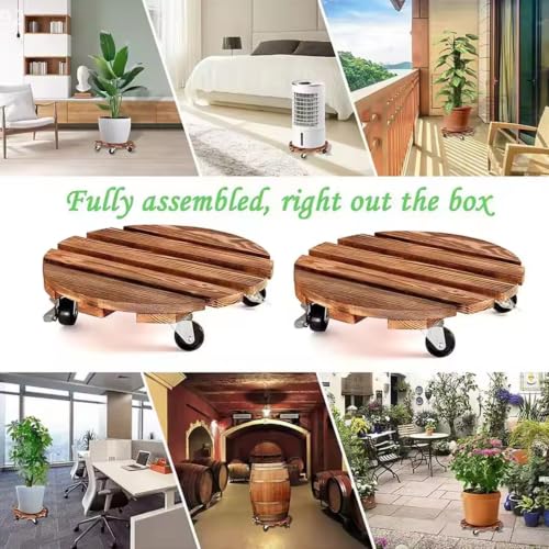 2Pcs Plant Caddy with Wheels 12" Wooden Plant Caddy with Lockable Casters - view 5