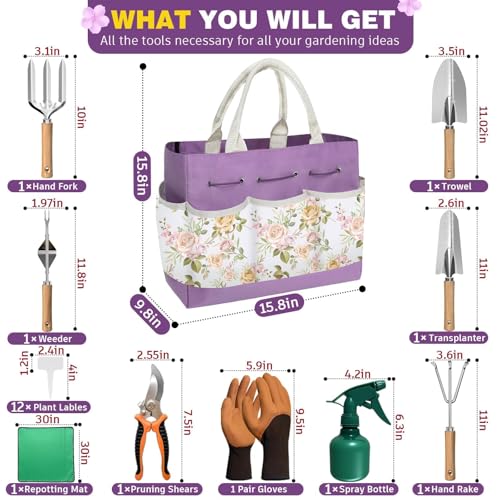 22Pcs Gardening Tools Set for Women Heavy Duty Garden Hand Tool Kit,Birthday Gifts for Mom Wife Grandma Beginner Gardening Accessories with Large Tote Bag/Shovel/Repotting Mat/Plant Labels/Gloves - view 2