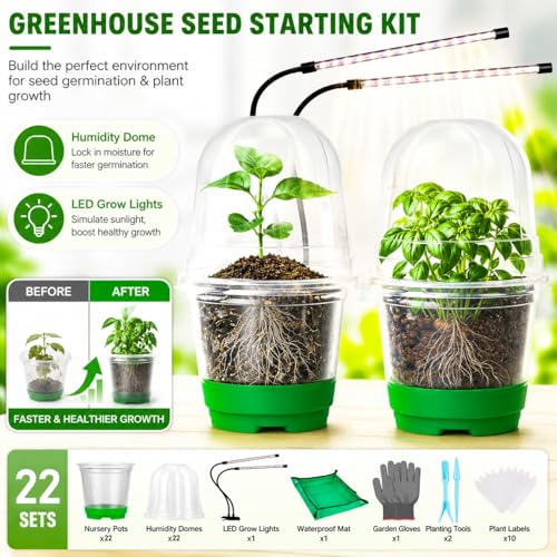 59Pcs Clear Nursery Pots Kits with Grow Light Includes 22 Pack 4'' Seed Starter Pots with Silicone Base & Lids, Clear Plant Pots for Propagation, Seedling Pots Kit with Drainage, Labels, Repotting Mat - view 3
