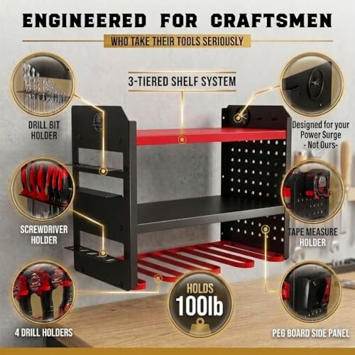 Power Tool Organizer Wall Mount – 3-Tier Heavy-Duty Steel Rack, 4 Drill Slots, Pegboard + Utility Side, 100 lb Capacity – Garage, Workshop & Shed Storage (Red) - view 2