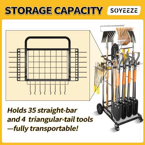 Garden Tool Organizer with Large Wheels, Heavy Duty 3-Tier Yard Tower Tool Rack for Garage, Holds Up to 35 Long-Handled Tools, Garden Tool Cart with 12 Hooks for Tool Organization Storage - view 5