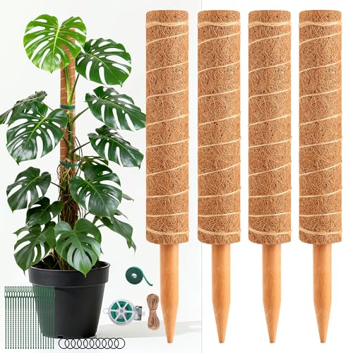 48 Inch Monstera Plant Support, 4 Pack 16 inch Moss Pole for Monstera & Climbing Plants Coco Coir Plant Support, Plant Ties Included