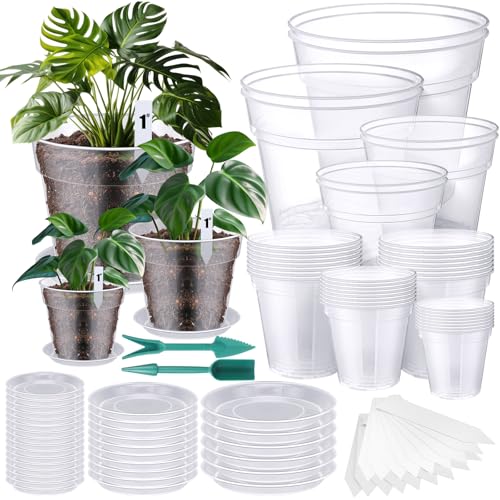 40 Pack Clear Nursery Pots 3/4/5/6/7/8/9/10 Inch Plastic Plant Pots with Drainage Holes and 32 Trays Garden Seedling Pot with 40 Plant Labels 2 Garden Tools for House Plants Flowers