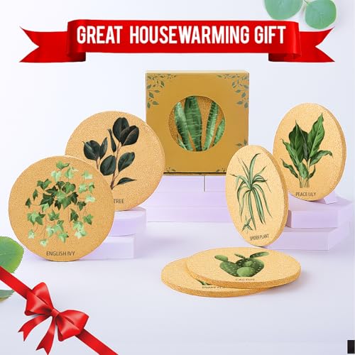 Plant Coasters for Drinks with Holder Set of 6, Illustration Absorbent Cork Coaster for Cup Desk Office Table Kitchen Decor House Warming Gifts for New Home Couples, Round 4" - view 7