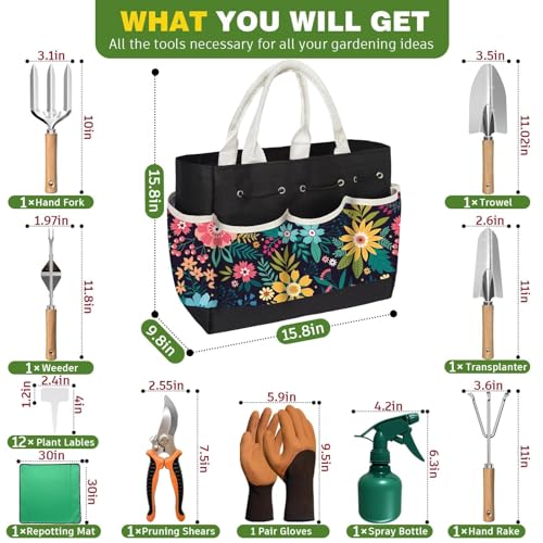 22Pcs Gardening Tools Set for Women Heavy Duty Garden Hand Tool Kit Birthday Gifts for Mom Her Wife Grandma Beginner Gardening Accessories with Tote Bag/Shovel/Repotting Mat/Plant Labels/Gloves-Black - view 2
