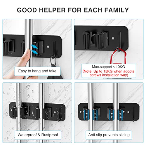 Wall Mount Mop and Broom Holder, Heavy Duty Stainless Steel Organizer Rack with Hooks | 2-Pack, 2-in-1 No Drill & Screw Installation, Black - view 4