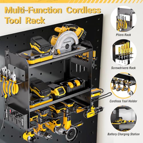 Power Tool Organizer Wall Mount with Charging Station, Cordless Tools Hanger and Battery Storage Rack for Garage Organization, Heavy Duty Drill Holder Shelf Build in Metal Power Strip - Black - view 6