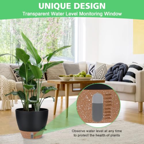 12" 10" 9" 8" Self Watering Pot for Indoor Plants, Large Plastic Planters Set with Water Level Indicator Deep Reservoir Tray, Bottom Watering Big Flower Pots with Mesh Drainage Hole - Black - view 4