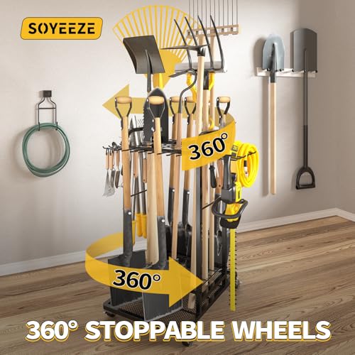 Garden Tool Organizer with Lockable Wheels, Heavy Duty 3-Tier Yard Tower Tool Rack for Garage, Holds Up to 35 Long-Handled Tools, Garden Tool Cart with 12 Hooks for Tool Organization Storage - view 6