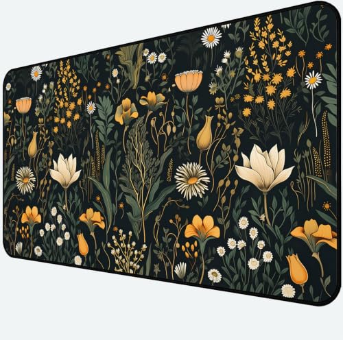 Cute Dark Floral Desk Mat Vintage Wildflower Plant Mouse Pad 31.5"X15.7"