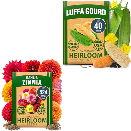 Luffa & Zinnia Dahlia Seed Pack – 564+ Heirloom 𝗡𝗢𝗡-𝗚𝗠𝗢 USA Seeds | Grow Loofah Sponges & Colorful Pollinator Flowers | Easy Garden Kit for DIY & Outdoor Planting
