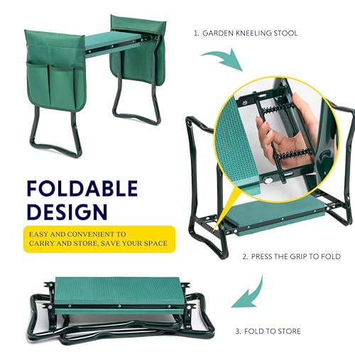 Garden Kneeler and Seat Foldable Kneeling Bench with Sturdy Soft EVA Foam Pad for Outdoor, Fishing, Camping, 2 Tool Pouches Included, Green - view 3
