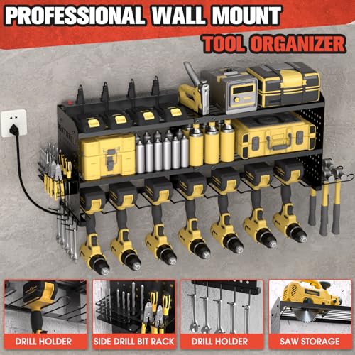 Large Power Tool Organizer with Charging Station, 3 Layer Heavy Duty Modular Wall Mount Rack with 9 Drill Holders for Garage Workshop, Battery Utility Rack with 8-Outlet Power Strip - view 4