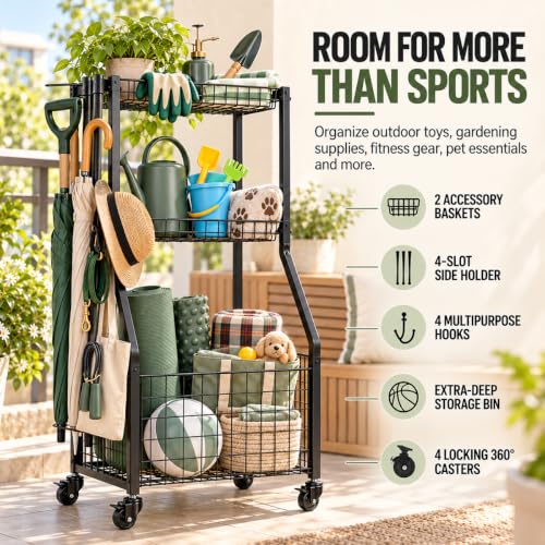 Rolling Sports Equipment Organizer with Locking Wheels and Ball Rack - view 4