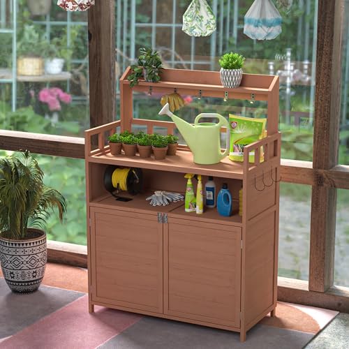 Potting Bench Gardening Table Wooden Planting Workstation with Storage Cabinet, Top Shelf, Hooks, Raised Guardrail, Lockable Doors for Patio Backyard Greenhouse Yard Supplies Organizer - view 2