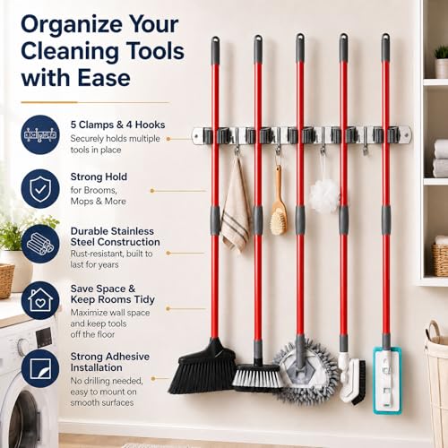 5 Racks and 4 Hooks Mop and Broom Holder Wall Mount, Self Adhesive Heavy Duty Broom Hanger Organizer Storage Tool Racks for Kitchen Garden Laundry Garage - view 2