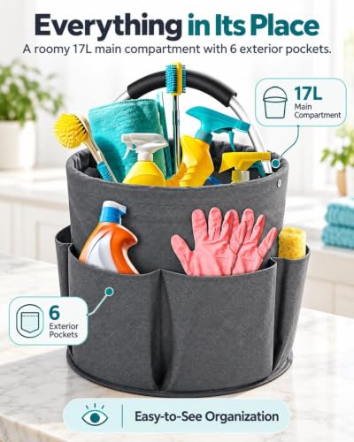 Cleaning Supply Caddy for Clean Products, Foldable Gardening Storage Bags, Portable Cleaning Caddy with Handle, 17L Clean Organizer with 6 Pockets for Home Garden(#D,Drawstring Top) - view 2