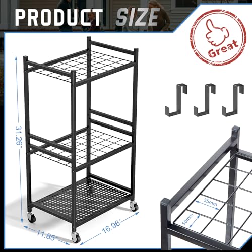 Garden Organizer With Wheels, Yard Tower Rack for Garage Storage, Up to 35 Long-Handled Tools, Sturdy Metal Steel Holder With 3 Hooks, Outdoor, Black - view 6