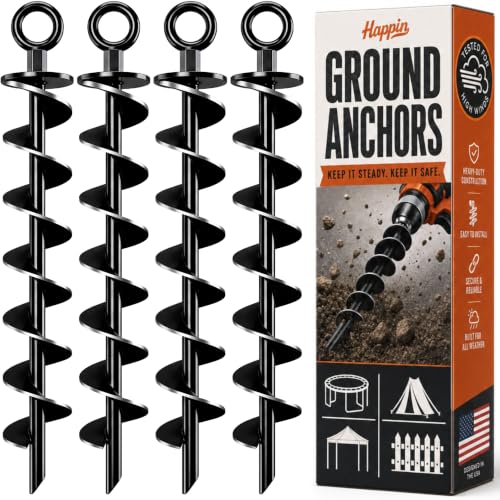 Trampoline Stakes, Trampoline Accessories, Ground Stakes Heavy Duty, Ground Anchors Screw in, Rebar Stakes, Tent Anchors, Yard Spikes, Galvanized Steel (4 Pack Spiral, Black)