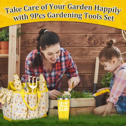 Gardening Gifts for Women, Gardening Tools for Women, 9 PCS Sunflower Garden Tools Set Kit with Garden Tool Bag, Mother's Day Birthday for Gardener Mom Grandma Aunt, Yellow - view 6