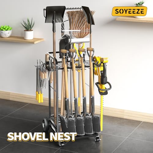 Garden Tool Organizer with Large Wheels, Heavy Duty 3-Tier Yard Tower Tool Rack for Garage, Holds Up to 35 Long-Handled Tools, Garden Tool Cart with 12 Hooks for Tool Organization Storage - view 7