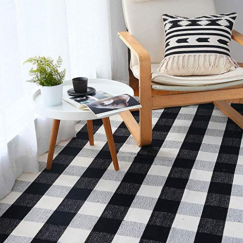 Cotton Rug Hand-Woven Checkered Carpet Braided Kitchen Mat Black and White Floor Rugs Living Room Area Rug, 70.8''×47.3'' - view 4