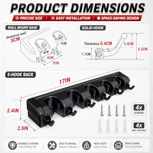 Broom Hanger Wall Mount, Broom Mop Organizer for Garage - view 4