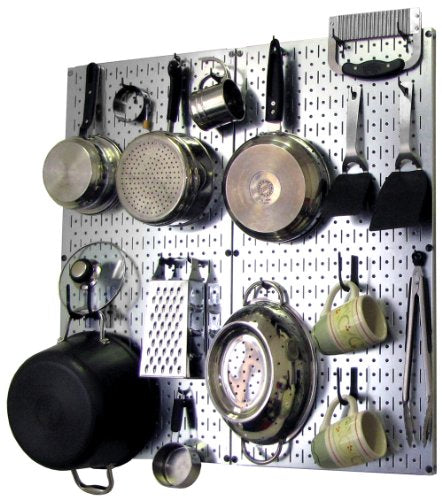 Kitchen Pegboard Organizer Pots and Pans Storage Rack Organization Kit with Metallic Silver Pegboard and Black Accessories