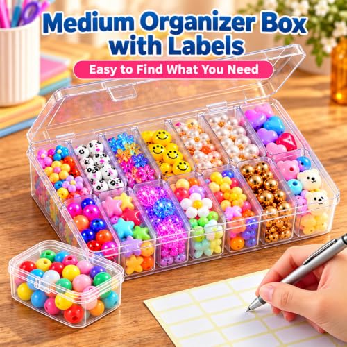 15pcs Bead Organizer Boxes, Medium Clear Plastic Storage Containers with Labels, Large Craft Case Ideal for Big Beads, Jewelry, Diamonds, Bracelets Making, Screws, Sewing, Mini Tools and Small Parts - view 2