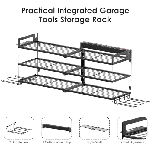 Large Garage Tools Storage with Charging Station. Power Tool Battery Organizer Utility Shelf with Power Strip. 4 Drills Holder Wall Mount Rack, Black 3 Layer. - view 4