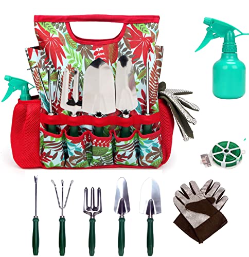 9-piece Garden Tools Set with Gloves and Floral Tote Bag - Gardening Hand Tools Kit with Storage Bag, Gifts for Women