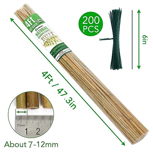 40 Pack 4 Feet Bamboo Stakes for Plant, Bamboo Sticks Plant Support Garden Stakes Poles with 200pcs Twist Ties for Tomatoes, Beans, Flowers, Potted Plants, Indoor and Outdoor Climbing Plants - view 6