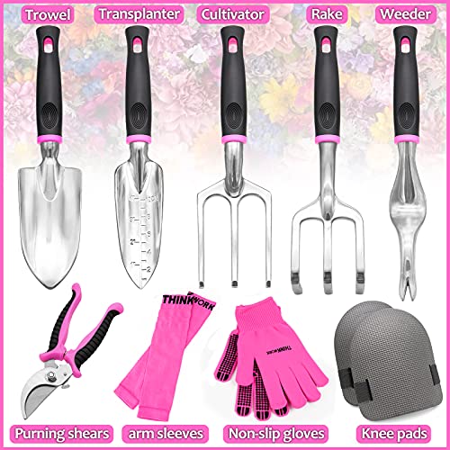 Pink Garden Tools, Gardening Gifts for Women, with 2 in 1 Detachable Storage Bag, Trowel, Transplanter, Rake, Weeder, Cultivator, Purning Shears and 3 Additional Protection Tools - view 7