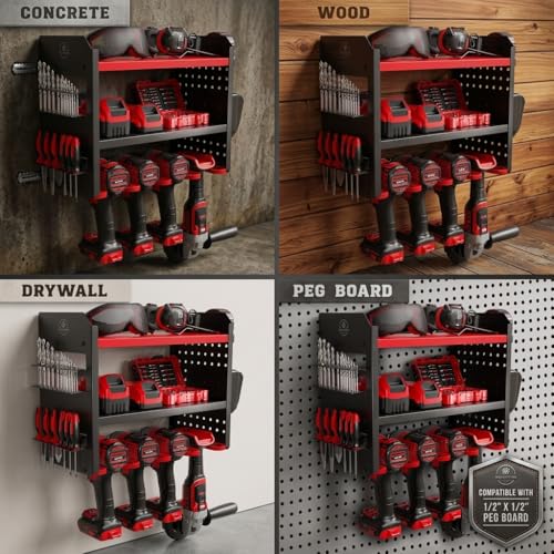 Power Tool Organizer Wall Mount – 3-Tier Heavy-Duty Steel Rack, 4 Drill Slots, Pegboard + Utility Side, 100 lb Capacity – Garage, Workshop & Shed Storage (Red) - view 5