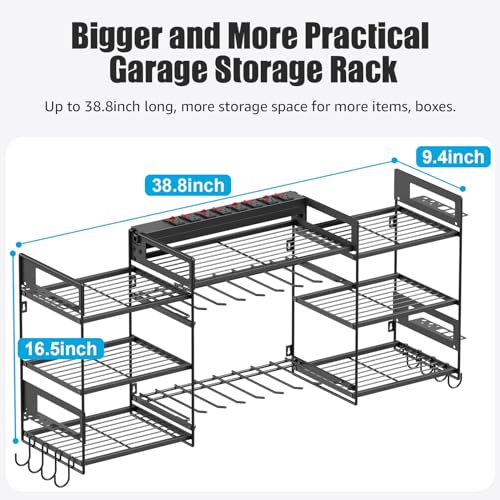 Black Power Tool Organizer Wall Mount, Large Tools and Battery Storage Rack Charging Station Individual Switches. Drills Holder, Garage Utility Shelves with 6FT Power Strip. Gift for Men. - view 5