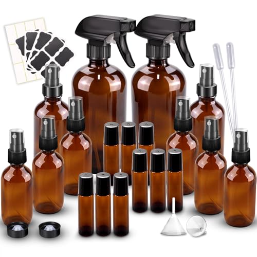 Glass Spray Bottle Kit×10 (2×16oz, 2×4oz, 6×2oz), 9×10ml Roller Bottles, Anti UV, Multi Size and Versatile, Suitable for Aromatherapy, Facial Moisturizing, Watering, etc.(Amber)