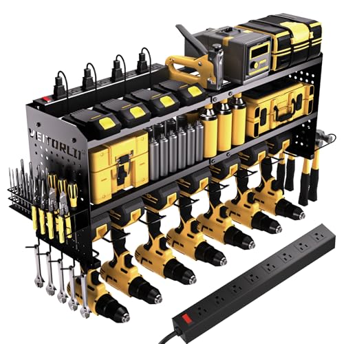Large Power Tool Organizer with Charging Station, 3 Layer Heavy Duty Modular Wall Mount Rack with 9 Drill Holders for Garage Workshop, Battery Utility Rack with 8-Outlet Power Strip