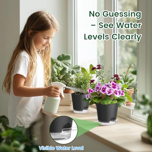 Self Watering Pots Set of 7 – Assorted Size 4" to 8" Indoor Plant Pots with Drainage Holes and Clear Reservoir for Visible Water Level, Plastic Wicking Planter for House Plants & Flower, Black - view 3