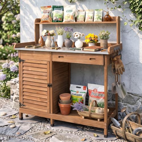 Outdoor Potting Bench with Metal Top, Sliding Drawer & Storage Shelves