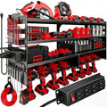 33" W Power Tool Organizer with Charging Station, 4 Layers Heavy Duty Metal Tool Storage Rack Wall Mount 8 Cordless Drill Holder with 4 Power Strip, Battery Organizer for Garage, Workbench,Tool Room