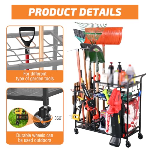 Rolling Garden Tool Organizer with Shelves and Hooks, Black - view 2