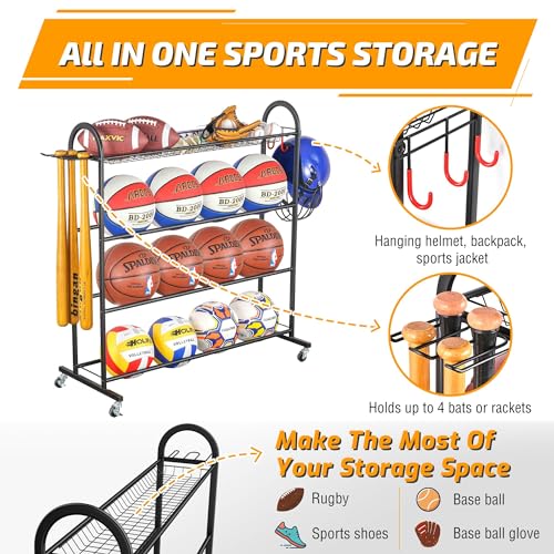 Rolling Ball Storage Rack with Bat Holder and Hooks, Black - view 3