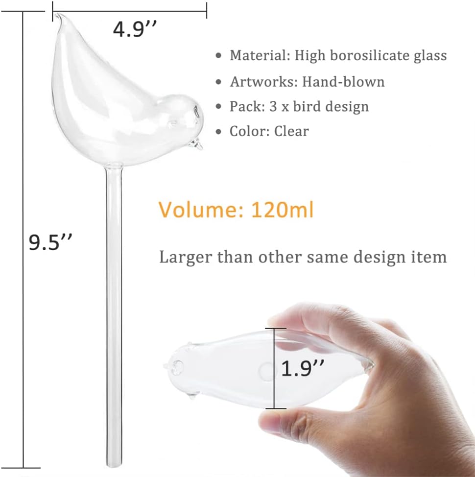 Glass plant watering globes, self watering globes bird shape, self watering planter insert, plant watering devices, automatic plant waterer indoor, watering bulbs, 3 pack - view 2