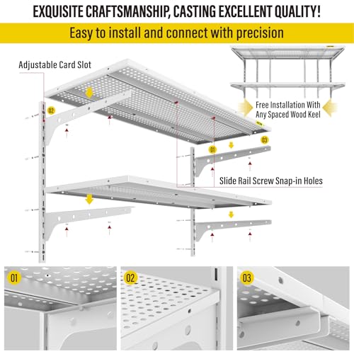 2-Pack 2 Tier 1.3x3ft Garage Shelving Wall Mounted, 500lbs Load Capacity，15.6x36inch per Shelf Height Cassette Adjustable Floating Shelves White - view 6