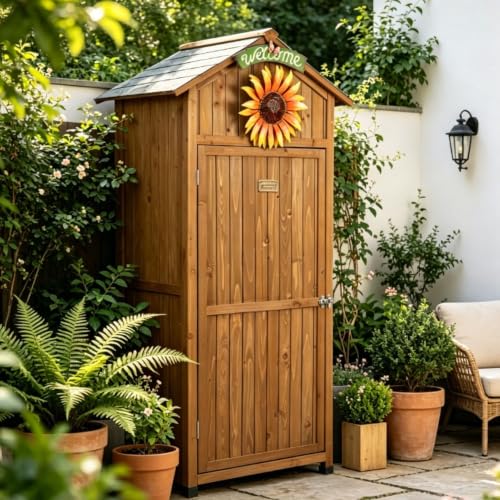 Wooden Outdoor Storage Cabinet, Garden Tool with Shelves, Patio Organizer for Backyard, Gardening Supplies with Double Doors, Shed for Tools and Accessories(Brown)