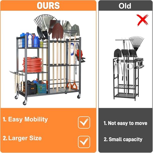 Garden Tool Stand with Wheels, Rakes Shovels Holder Yard Tools Organizer for Garage, Garden, Shed Indoor/Outdoor Long-Handled Tools Cart(Tool stand with side shelves) - view 5