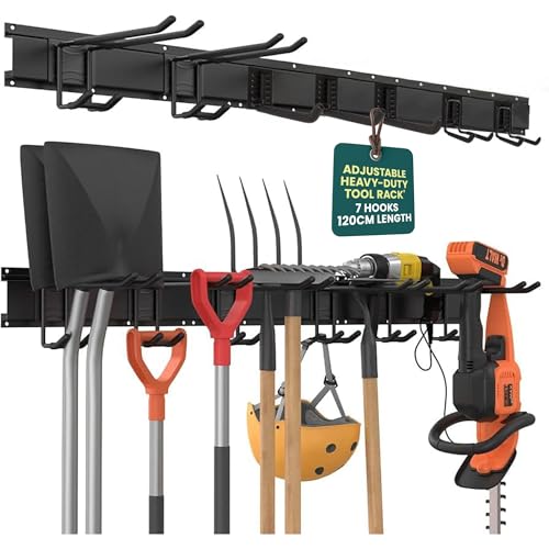 Heavy Duty 48-inch Garden Tool Rack – Customisable Wall-Mounted Garage Tool Organiser with 10 Adjustable Hooks, Holds Up to 200KG, Ideal for Garden, Workshop & Shed Storage Solutions