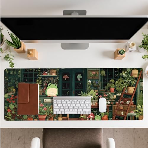 Cute Frog Kawaii Green Mouse Pad Desk Mat XL Extended Large Gaming Desk Pad Mousepad, Green Plant Computer Laptop Keyboard and Mouse Mat, Desktop Protector Mat for Office and Home 31.5x11.8 in - view 3