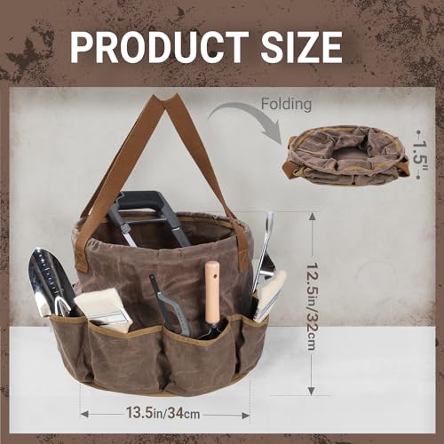 Waxed Canvas Garden Organizer Bag - Waterproof Bucket Tool Bag Portable with Side Pockets, Portable Gardening Tote for Lawn/Yard | Grey - view 2