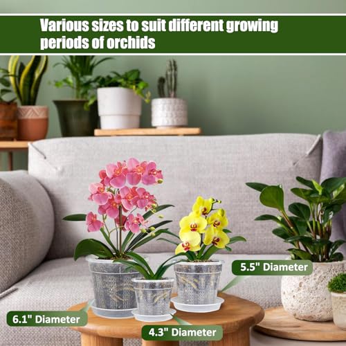 Orchid Pot with Saucers, 6 Pack Orchid Pots with Holes, 2 Each of 4.3",5.5",6.1" Clear Plastic Planter for Indoor Outdoor Plants (2 Each of 4.3,5.5",6.1" with Saucers) - view 2